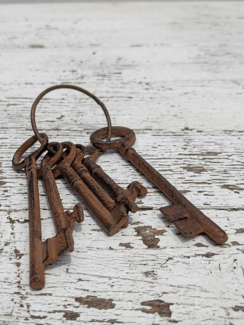 Vintage Style Cast Iron Skeleton Keys Ring Set Rusty Antique Reproduction Decor